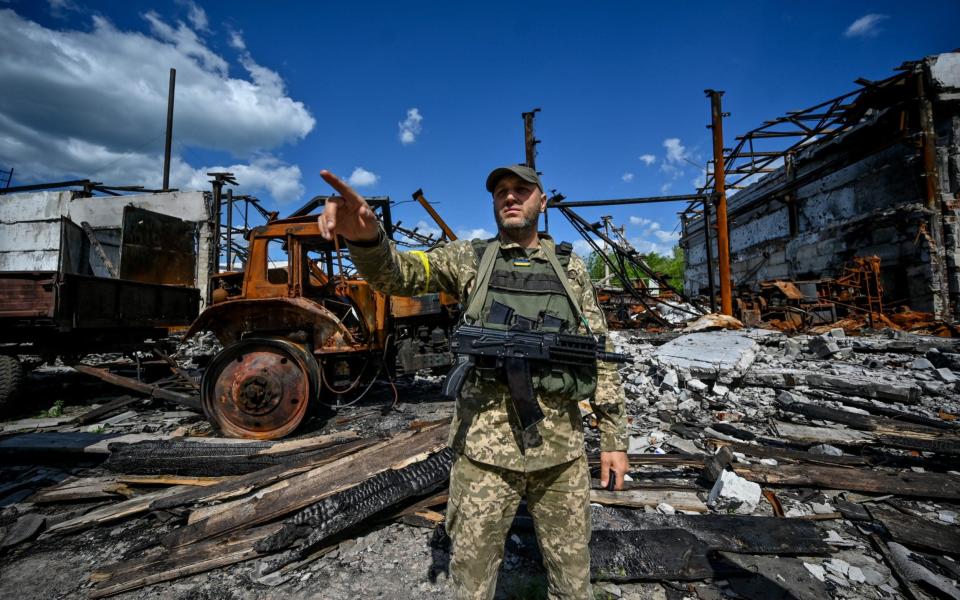 A soldier stands among damaged field following Russian attacks in Zaporizhzhia Oblast, Ukraine&nbsp; - &nbsp;Anadolu Agency/&nbsp;Anadolu Agency