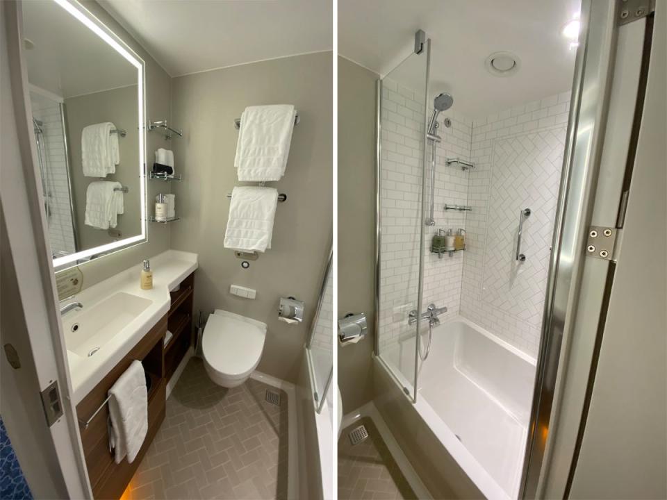 A bathroom inside a standard stateroom aboard the Disney Wish cruise.