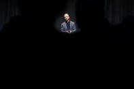 FILE - In this May 9, 2019, file photo Jeff Bezos speaks at an event before unveiling Blue Origin's Blue Moon lunar lander in Washington. Two U.N. experts this week called for the U.S. to investigate a likely hack of Bezos' phone that could have involved Saudi Arabian Crown Prince Mohammed bin Salman. A commissioned forensic report found with “medium to high confidence” that Bezos' phone was compromised by a video MP4 file he received from the prince in May 2018. (AP Photo/Patrick Semansky, File)