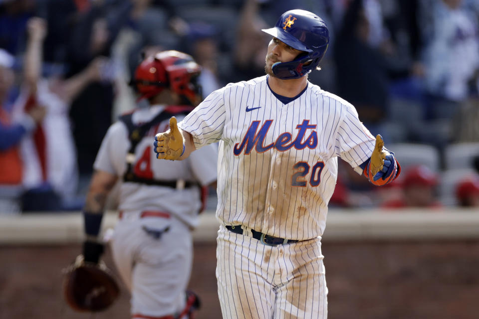 New York Mets' Pete Alonso reacts after hitting a walk-off two-run home run in the tenth inning of a baseball game against the St. Louis Cardinals on Thursday, May 19, 2022, in New York. The Mets won 7-6 in 10 innings. (AP Photo/Adam Hunger)