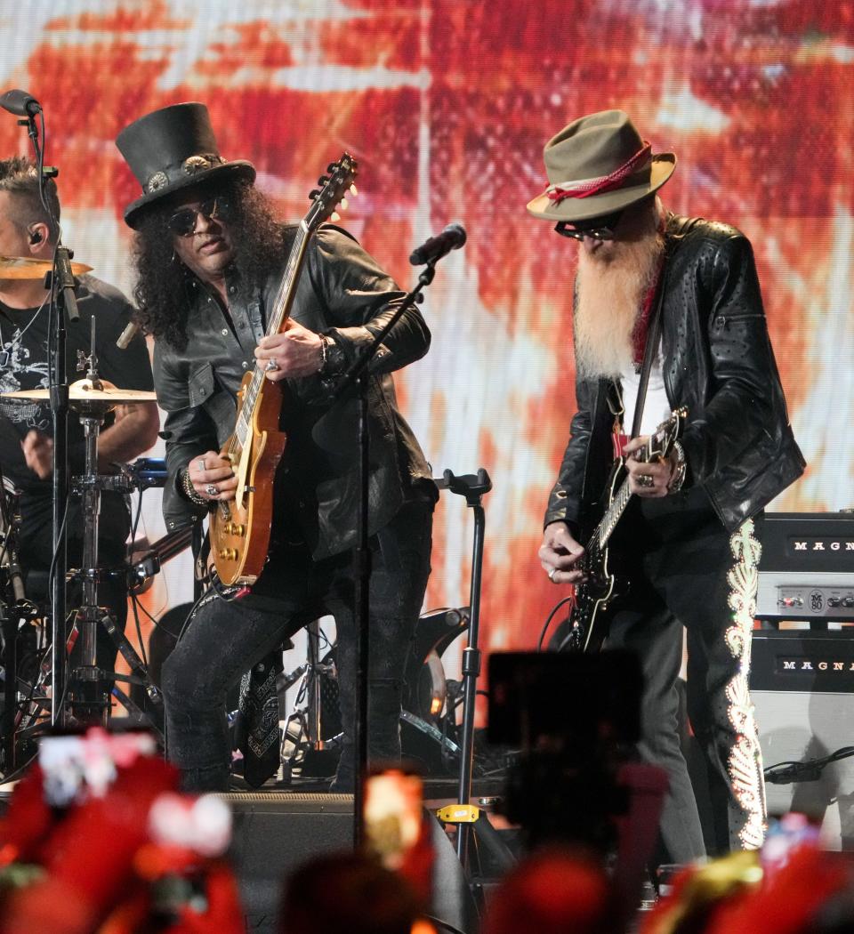 Slash and Billy Gibbons perform at the CMT Awards at the Moody Center on Sunday, April 2, 2023, in Austin, Texas. 