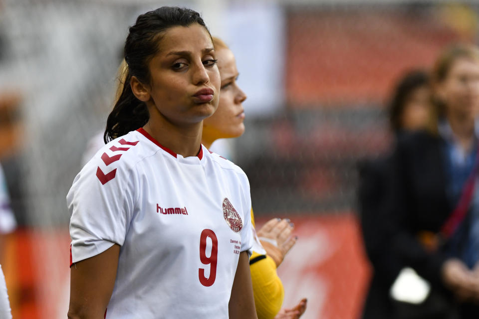 FILE - In this file photo dated Sunday, Aug. 6, 2017, Denmark's Nadia Nadim during the Women's Euro 2017 final soccer match against Netherlands in Enschede, the Netherlands. Two decades after fleeing Afghanistan, the Paris Saint-Germain and Denmark striker Nadia Nadim is ready to go home, she tells The Associated Press Wednesday Dec. 4, 2019, that she will take a chance with her safety because the risks are worth it to inspire girls to follow her onto the soccer field. (AP Photo/Patrick Post, FILE)