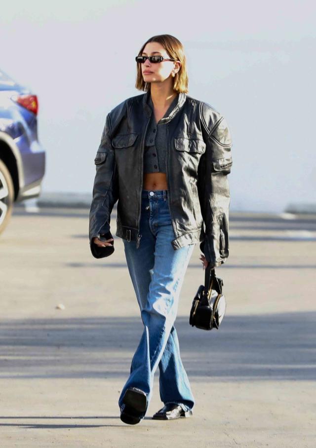 Hailey Beiber's Oversized Leather Jacket and Baggy Jeans Look for Less