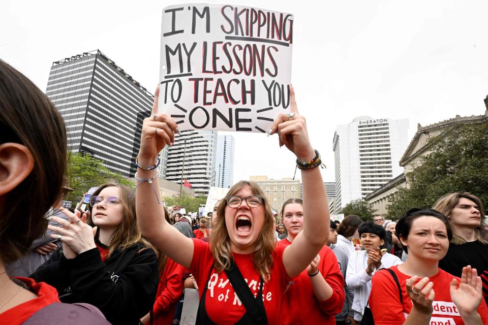 April 3, 2023: Anti-gun demonstrators protest at the Tennessee Capitol for stricter gun laws in Nashville, Tennessee. - Students were encouraged by an anti-gun violence group to walk out of classrooms at 10:13 AM, the same time police say a transgender person entered The Covenant School beginning an attack in which three young children and three adults were killed last week at a private Christian school in Nashville.