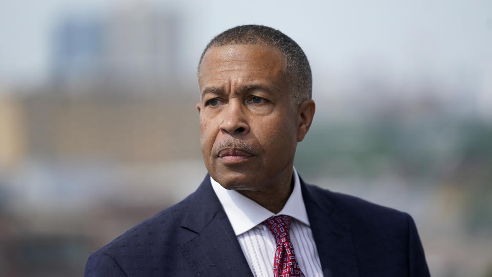 James Craig, a former Detroit Police Chief, announces he is a Republican candidate for Governor of Michigan in Detroit, Tuesday, Sept. 14, 2021. (AP Photo/Paul Sancya)