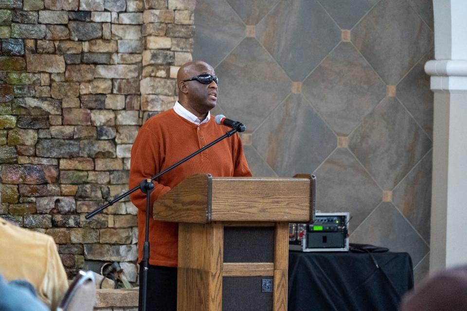 Keith Godwin speaks about the challenges of being blind at at a “Dining & Dialogue” luncheon in the Orangery at the Cape Fear Botanical Garden. Attendees learned about resources offered by the Cape Fear Regional Vision Resource Center. The event was sponsored by Fayetteville-Cumberland Human Relations.