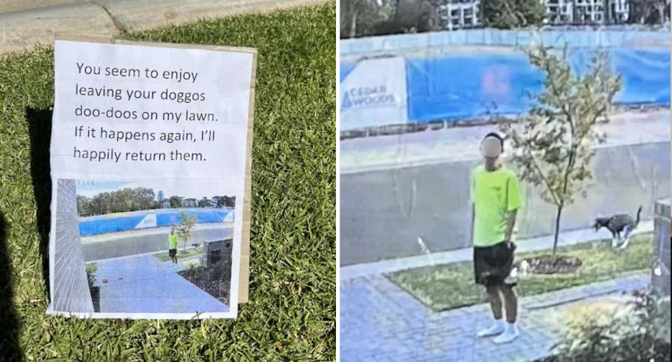 Left: The dog poo note can be seen on the grass, reading 'You seem to enjoy leaving your doggos doo-doos on my lawn. If it happens again, I'll happily return them'. Right: The dog owner can be seen in CCTV footage wearing a bright yellow top while the dog is doing his business on the lawn.