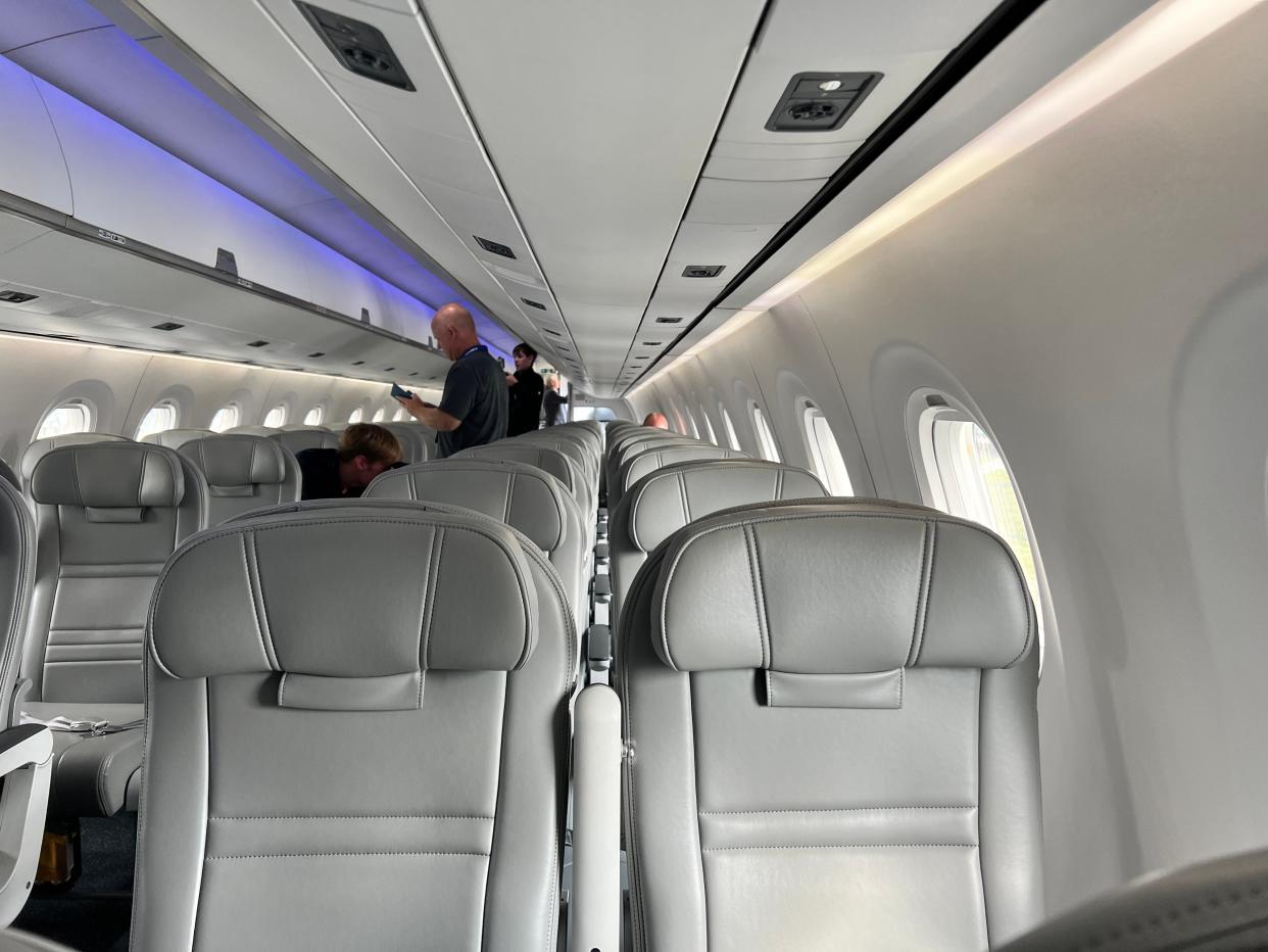 Looking down the rows on an Embraer E195-E2 at the 2024 Farnborough Airshow