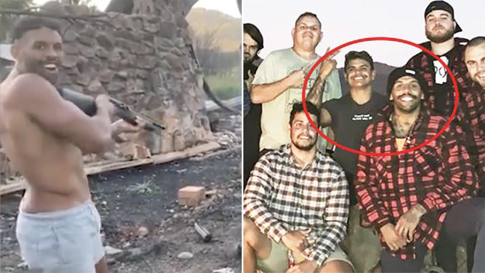 Josh Addo-Carr (pictured left) with a firearm and smiling and also pictured right with Latrell Mitchell at a campfire.