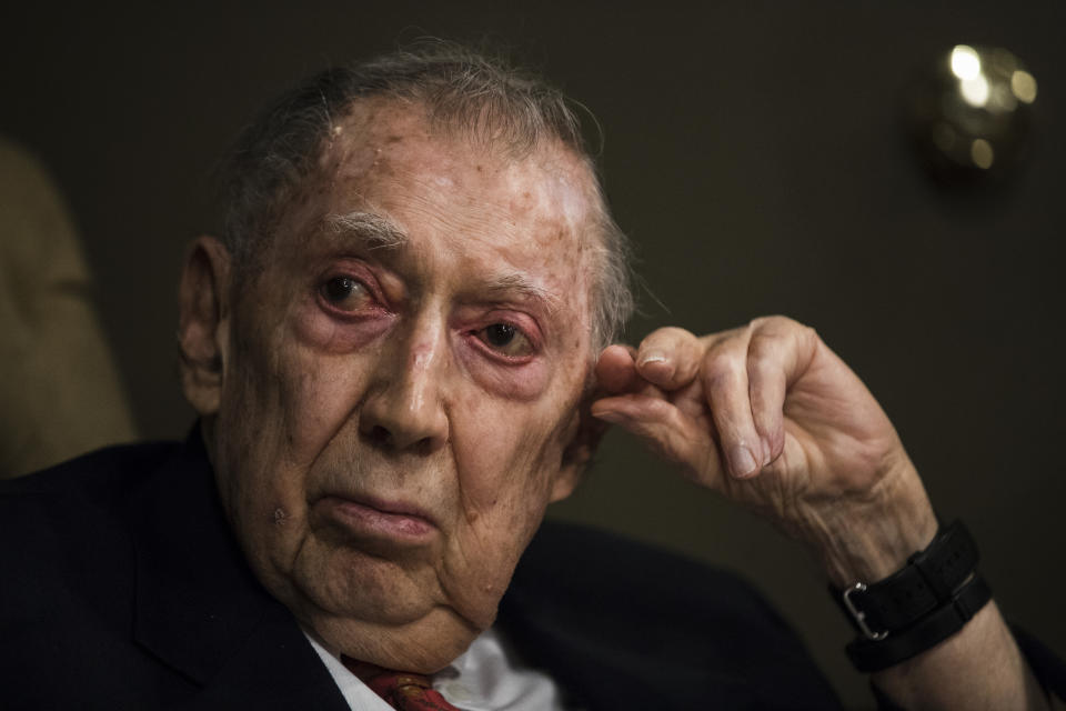 FILE - In this May 11, 2017 file photo, attorney Richard Sprague listens during a news conference in Philadelphia. Sprague, a prominent Philadelphia lawyer who has prosecuted murderers, won high-stakes civil lawsuits and was deeply influential in state and city political and civic affairs died Saturday evening, April 3, 2021, a funeral home confirmed. He was 95. (AP Photo/Matt Rourke, File)