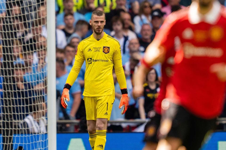 David de Gea should have done better with Ilkay Gundogan’s second Wembley volley  (Manchester United via Getty Images)