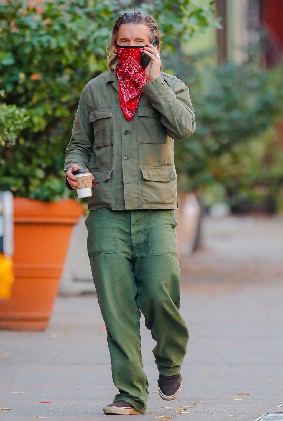 <p>Ethan Hawke is spotted out in N.Y.C. on Sunday, dressed in a military-style jacket with green pants and sneakers.</p>