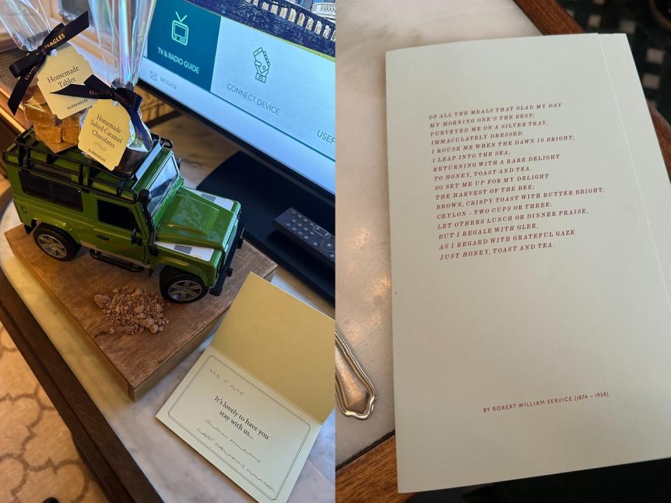 A view of gifts left in a hotel room (left), a Scottish poem printed on a menu (right).