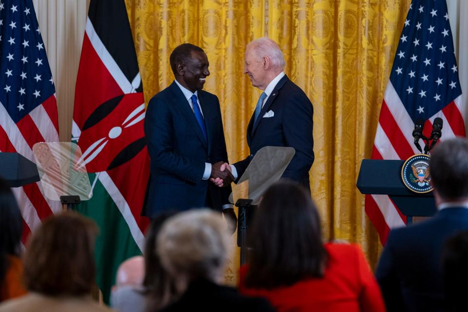 President Joe Biden and President William Ruto of the Republic of Kenya shake hands after a joint press conference during President Ruto’s State Visit to the United States on May 23, 2024 at the White House in Washington, D.C.
