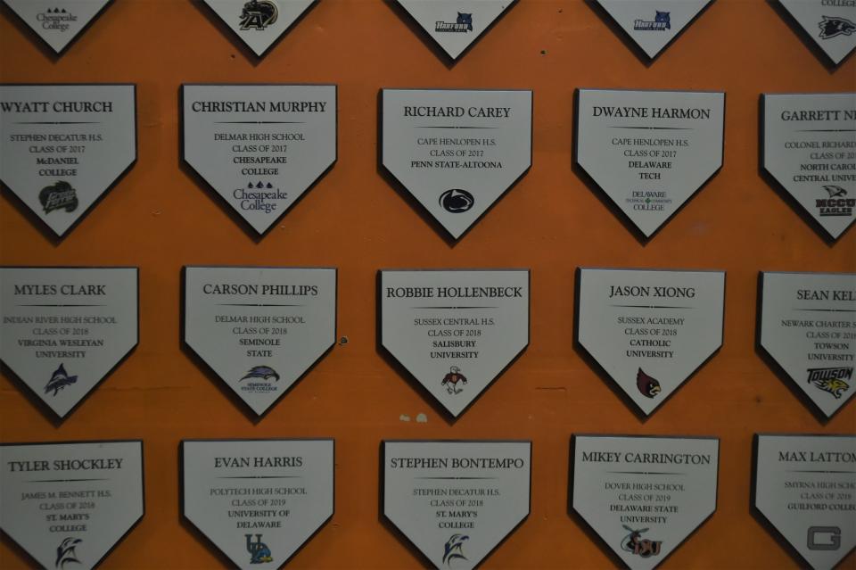 The Delmarva Aces have a wall that recognizes athletes who played at college programs.