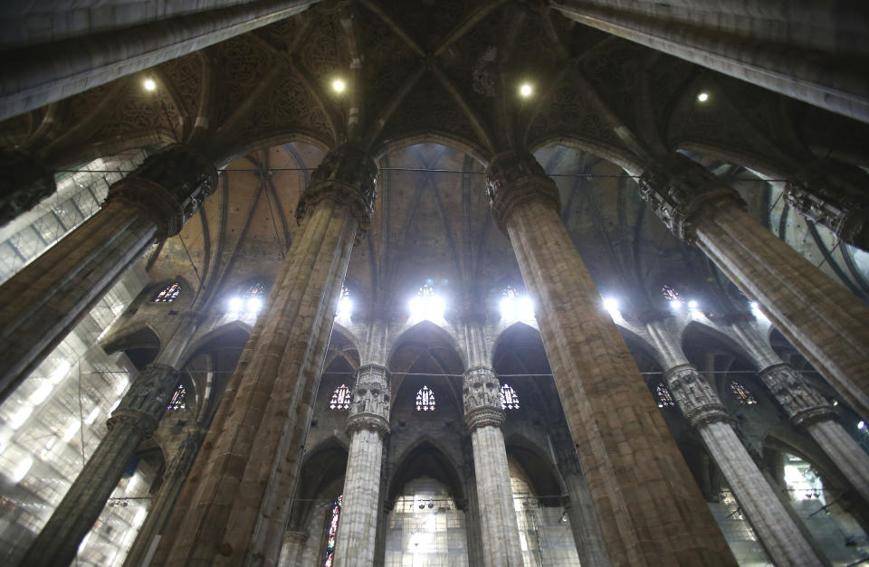 This Jan. 16, 2014 photo shows the interior of the Duomo cathedral in Milan, Italy. Built over several hundred years, including under the patronage of Napoleon, was completed in 1965. It is the fourth largest cathedral in Europe. (AP Photo/Antonio Calanni)