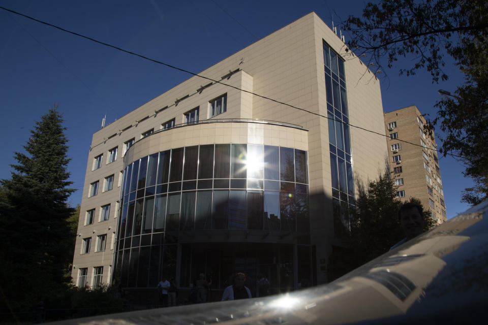 FILE - In this file photo dated Thursday, Sept. 20, 2018, Russian National Anti-doping Agency RUSADA building in Moscow, Russia. The agency is trying to re-establish credibility in world sports. During ongoing fallout in the scandal of state-backed Russian doping and cover-ups, RUSADA was ruled non-compliant by WADA. (AP Photo/Alexander Zemlianichenko, FILE)