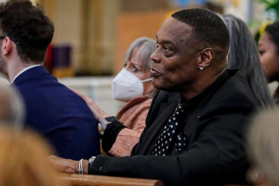 Former Detroit Pistons player Rick Mahorn during the Celebration of Life for Earl Cureton at St. Charles Lwanga Catholic Church in Detroit on Saturday, Feb. 10, 2024.
