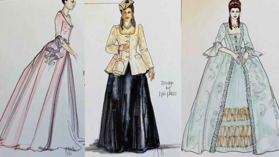 Lyn Paolo’s sketches for the “Queen Charlotte: A Bridgerton Story” costumes (Netflix)