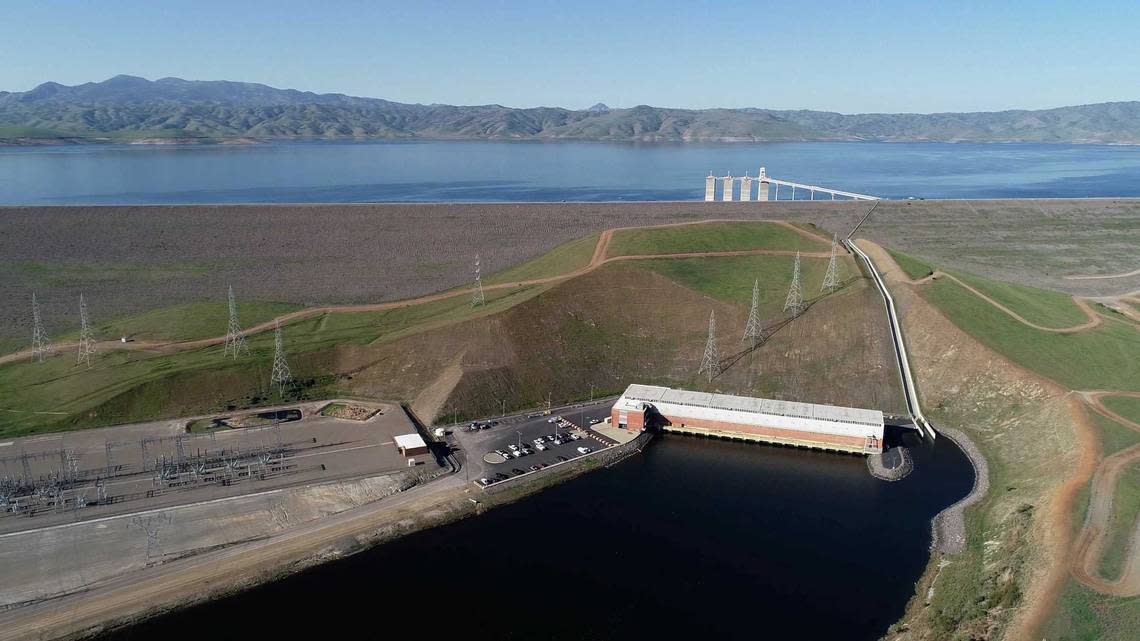 San Luis Reservoir, and B.F. Sisk Dam, shown here in March 2022, are located between Gilroy and Los Banos. The reservoir, which is 7 miles long, is a key part of Californiaâs water supply for Central Valley farms and some urban areas, including San Jose.