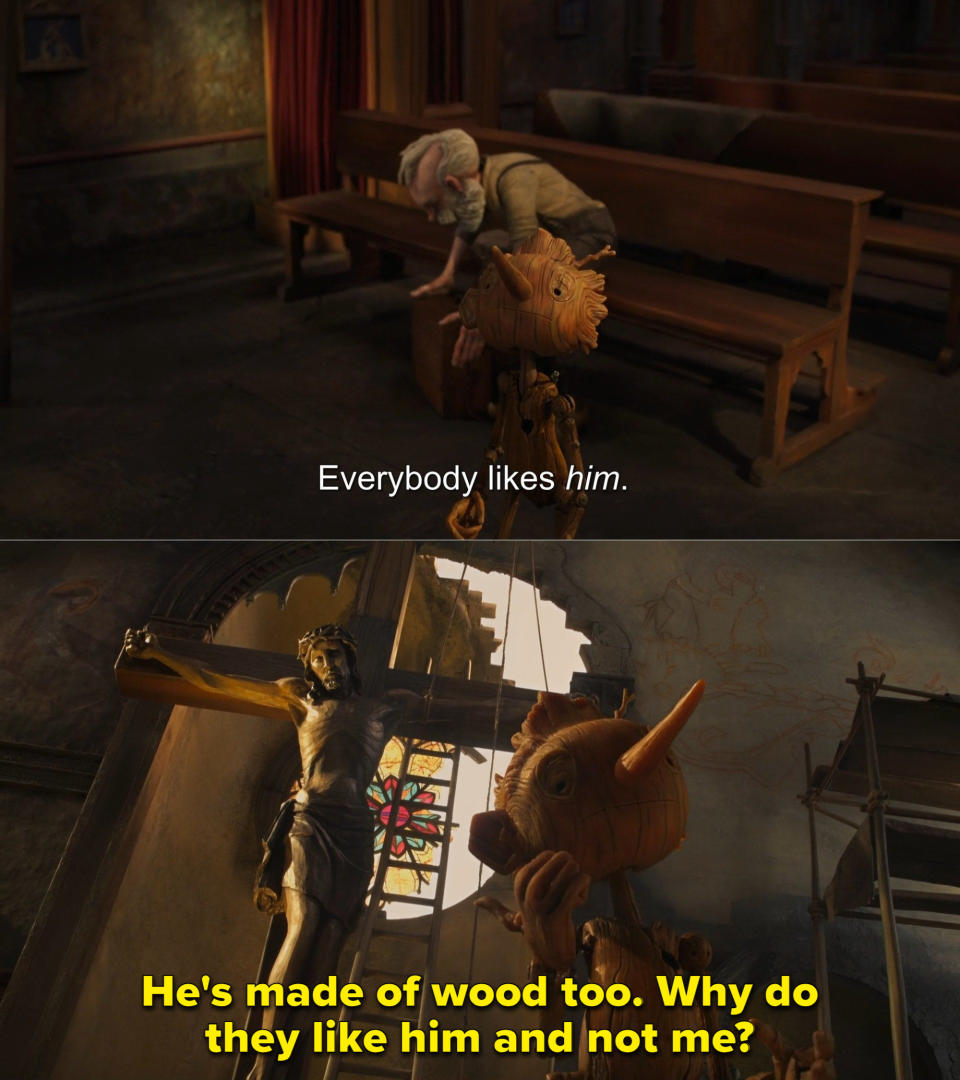 a wooden boy asks a question to an old man