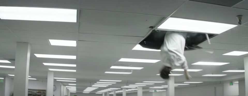 A man is blasted into the ceiling by an airbag