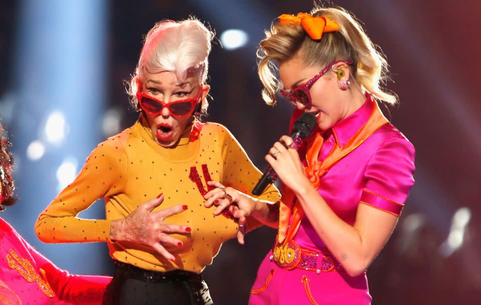 Miley Cyrus managed to raise eyebrows once again during her MTV VMAs performance, and now the 89-year-old woman involved in the on stage 'fondling' moment has spoken out. Source: Getty