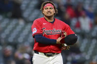 Cleveland Guardians' Josh Naylor reacts after grounding out during the sixth inning of the team's baseball game against the Boston Red Sox, Wednesday, April 24, 2024, in Cleveland. (AP Photo/David Dermer)