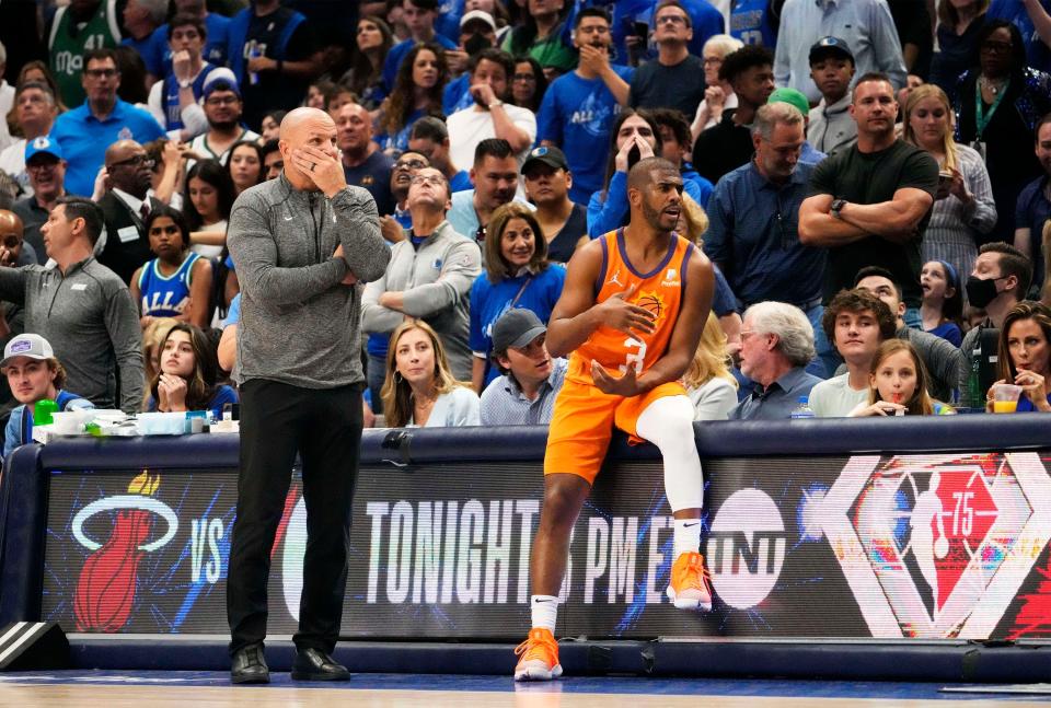 May 8, 2022; Dallas, Texas, USA;  Dallas Mavericks head coach Jason Kidd watches as Phoenix Suns guard Chris Paul (3) waits to check back into the action during game four of the second round for the 2022 NBA playoffs at American Airlines Center.