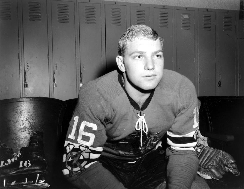 FILE - Bobby Hull, 18-year-old player on the Chicago Blackhawks, is photographed in Chicago, Ill., on Oct. 24, 1957. Hull, a Hall of Fame forward who helped the Blackhawks win the 1961 Stanley Cup Final, has died. He was 84. The Blackhawks and the NHL Alumni Association announced the death of the two-time NHL MVP on Monday, Jan. 30, 2023. (AP Photo/Edward Kitch, file)