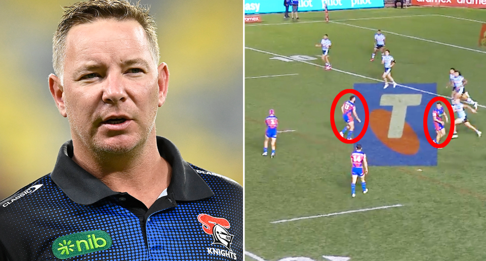 Pictured left is Newcastle Knights coach Adam O'Brien.