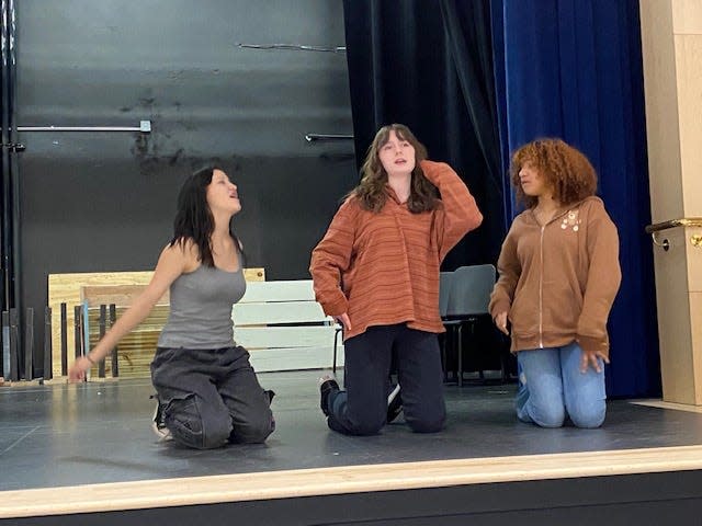 Alexandra Numeroff (Lisa), Mia O'Malley (Sophie), and Gianna Faulkner (Ali) sing "Honey Honey" in rehearsal for Hendrick Hudson High School's production of "Mamma Mia!"