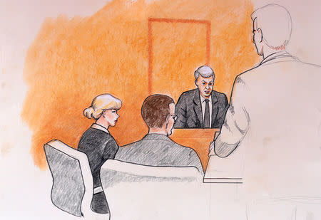 A sketch of Taylor Swift (L) and her attorneys in Denver Federal Court with plaintiff David Mueller (2nd R) during the Swift groping trial in Denver U.S. August 8, 2017. REUTERS/Jeff Kandyba