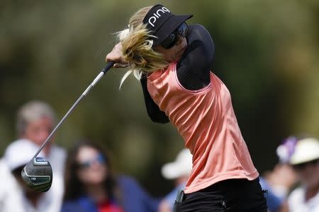 Mar 31, 2018; Rancho Mirage, CA, USA; Pernilla Lindberg tees off on the second hole during the third round of the ANA Inspiration women's golf tournament at Mission Hills CC - Dinah Shore Tournament Course. Mandatory Credit: Kelvin Kuo-USA TODAY Sports