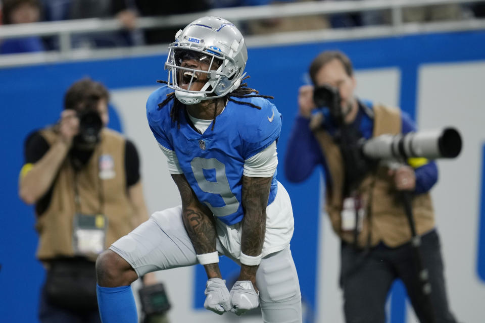 Detroit Lions wide receiver Jameson Williams (9) reacts after a play during the second half of an NFL football game against the Chicago Bears, Sunday, Jan. 1, 2023, in Detroit. (AP Photo/Paul Sancya)