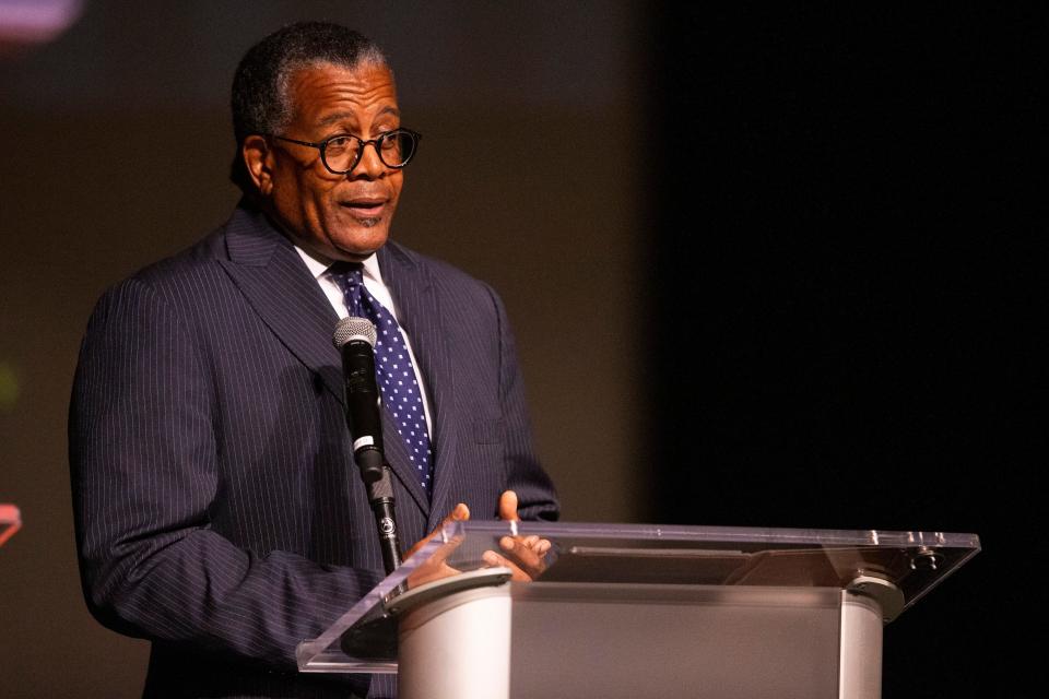 Mayoral candidate JW Gibson answers a question during a forum hosted by the Greater Memphis Chamber at the Halloran Centre for Performing Arts and Education in Memphis, Tenn., on Thursday, August 17, 2023.