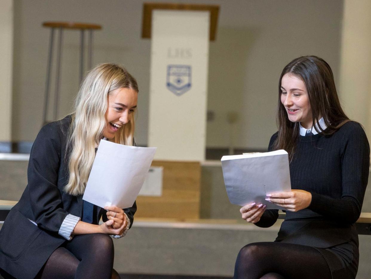 Handout photo issued by Jeff Holmes of two friends finding out their exam results at Linwood High in Renfrewshire: PA