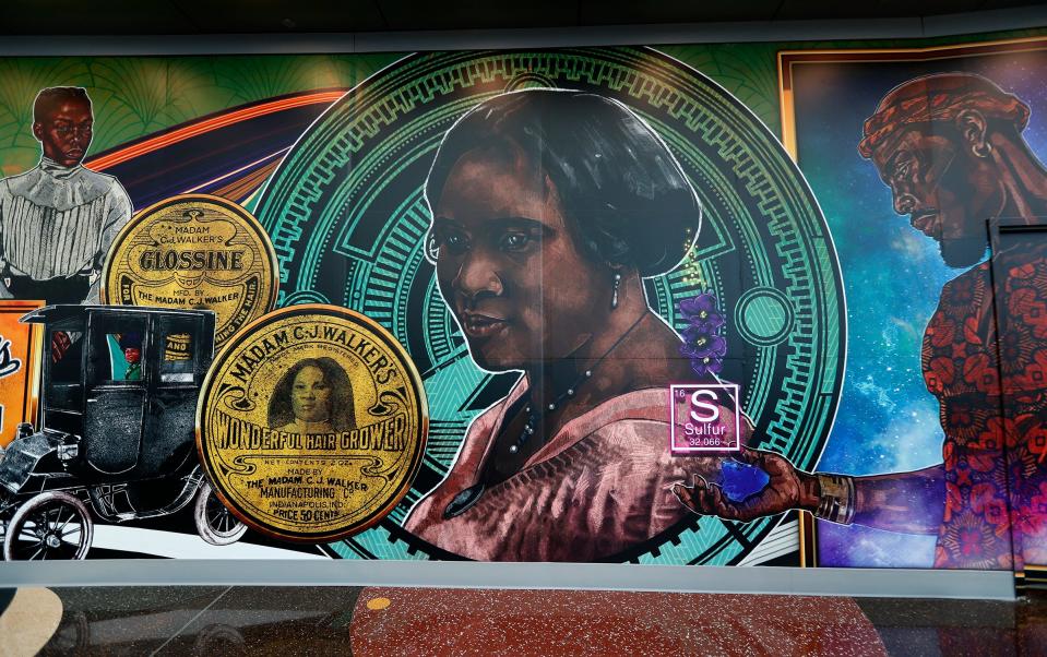 This is a detail of the Madam CJ Walker mural unveiled Tuesday, Feb. 23, 2021 at the Indianapolis International Airport. The mural is a Bicentennial Community Project by Tasha Beckwith. The 11 foot tall, 75 wide piece of art was developed by Beckwith with the Arts Council of Indianapolis and Madam Walker Legacy Center.