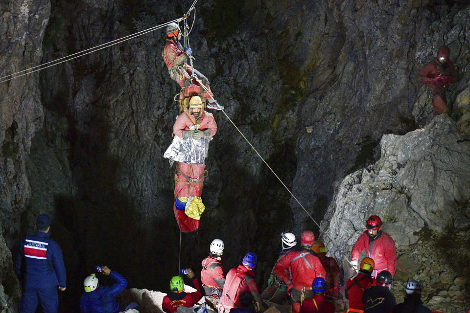 Rescuers pulled an American researcher Mark Dickey out of Morca cave near Anamur, south Turkey, on early Tuesday, Sept. 12, 2023, more than a week after he became seriously ill 1,000 meters (more than 3,000 feet) below its entrance. Teams from across Europe had rushed to Morca cave in southern Turkey's Taurus Mountains to aid Dickey, a 40-year-old experienced caver who became seriously ill on Sept. 2 with stomach bleeding. (Mert Gokhan Koc/Dia Images via AP)