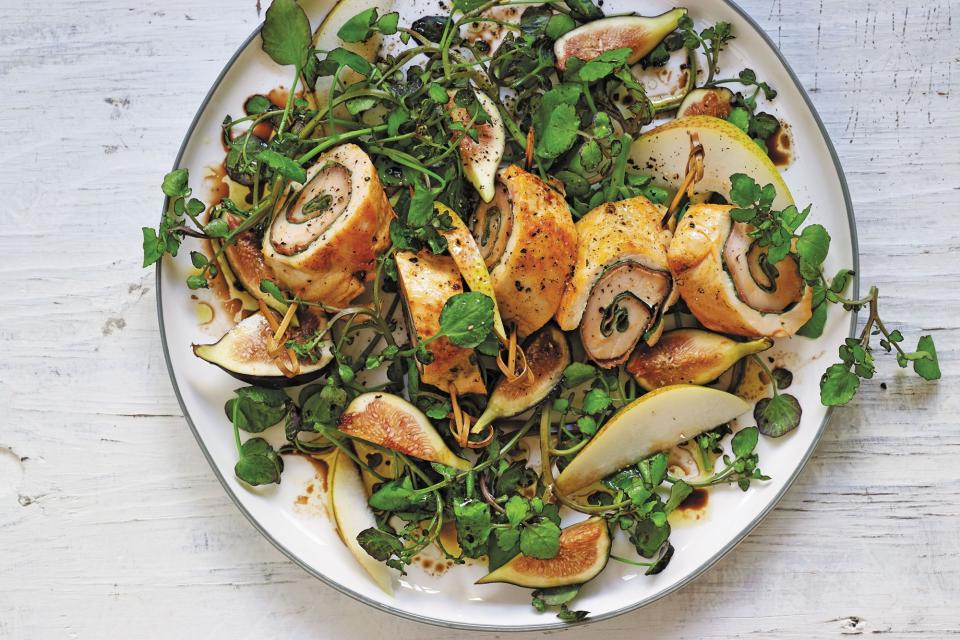 Collard-and-Prosciutto Chicken Roulades Over Watercress Salad