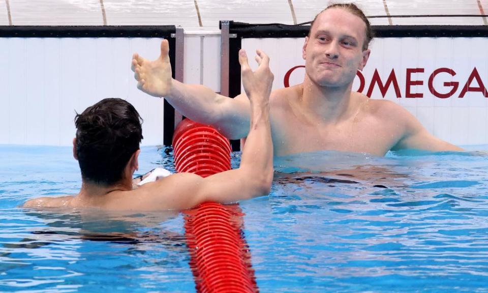 Team GB’s Luke Greenbank congratulates Evgeny Rylov after the race