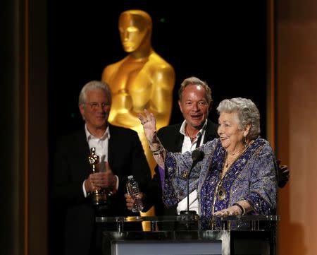 Film editor Anne V. Coates speaks on stage while receiving her Honorary Award from presenter actor Richard Gere (L) at the 8th Annual Governors Awards in Los Angeles, California, U.S., November 12, 2016. REUTERS/Mario Anzuoni