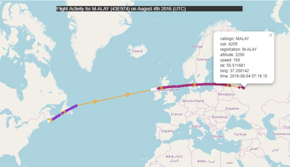 One of three private jets owned by Oleg Deripaska, call-sign M-ALAY, flies from Newark to Moscow on Aug. 4, 2016. (Photo: Flight traffic via Scott Stedman)