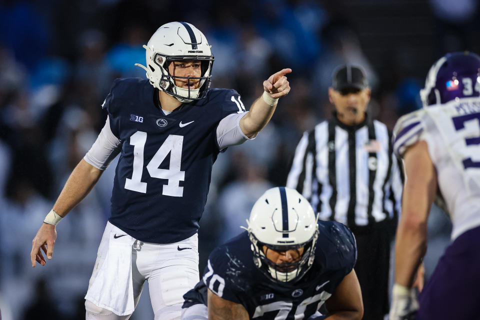 STATE COLLEGE, PA - OCTOBER 01: Sean Clifford #14 of the Penn State Nittany Lions signals to teammates before a play against the Northwestern Wildcats during the second half at Beaver Stadium on October 1, 2022 in State College, Pennsylvania. (Photo by Scott Taetsch/Getty Images)