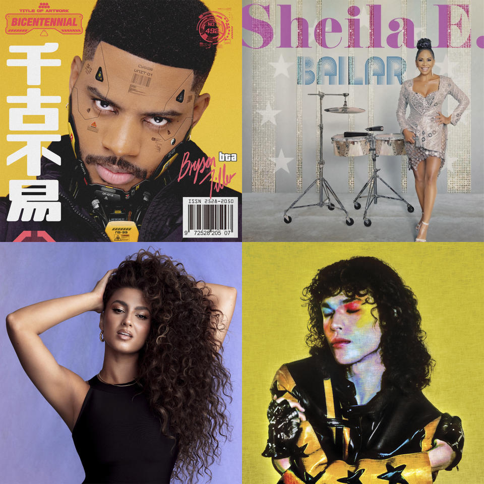 This combination of album covers shows the self-titled release for Bryson Tiller, top left, "Bailar," a release by Sheila E., top right, Tori," the latest release by Tori Kelly, bottom left, and "Found Heaven" by Conan Gray. (Trapsoul-RCA/Sony International/Epic/Republic via AP)