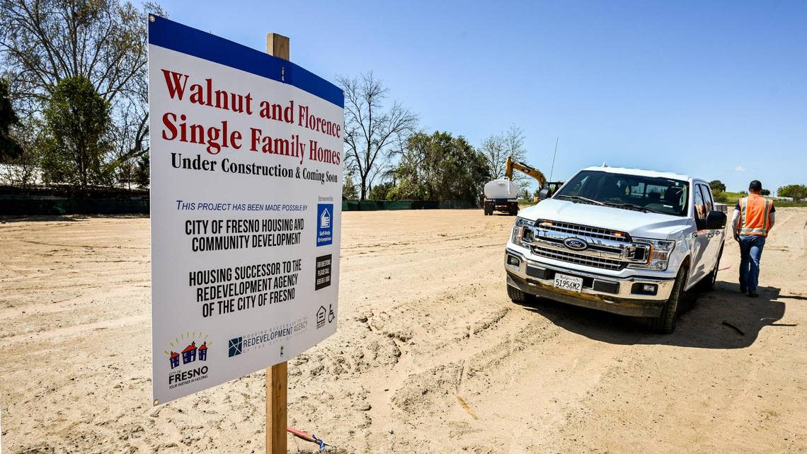 Construction begins on a single-family affordable housing project on an empty lot near Edison High School at Walnut and Florence avenues in southwest Fresno on April 4, 2023.