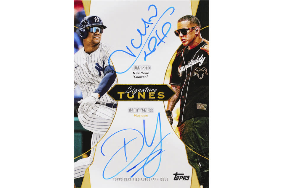 This image provided by Topps, shows a Topps Series 2: Signature Tunes Card. The Soto-Daddy Yankee collaboration is one of two “Signature Tunes” cards that are part of the latest edition of Topps Series 2 as the famed card company shines a light on players and the artists behind their walk-up music. (Topps via AP)