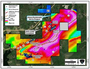 Map view of the Alexo-Dundonald Property showing the A-O VTEM™ anomalies and the four known nickel sulphide deposits on airborne magnetics image.