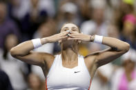 Aryna Sabalenka, of Belarus, blows kisses to the crowd after defeating Danielle Collins, of the United States, during the fourth round of the U.S. Open tennis championships, Monday, Sept. 5, 2022, in New York. (AP Photo/Adam Hunger)