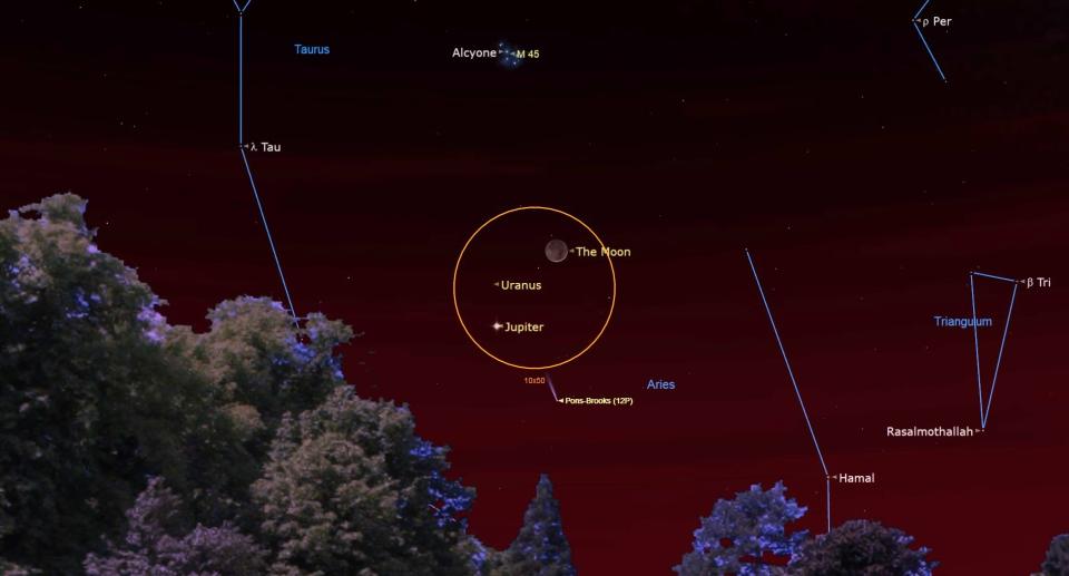 In the middle of a red sky is a yellow circle surrounding the crescent, Uranus, and Jupiter.  Other nearby constellations are marked and labeled in blue.